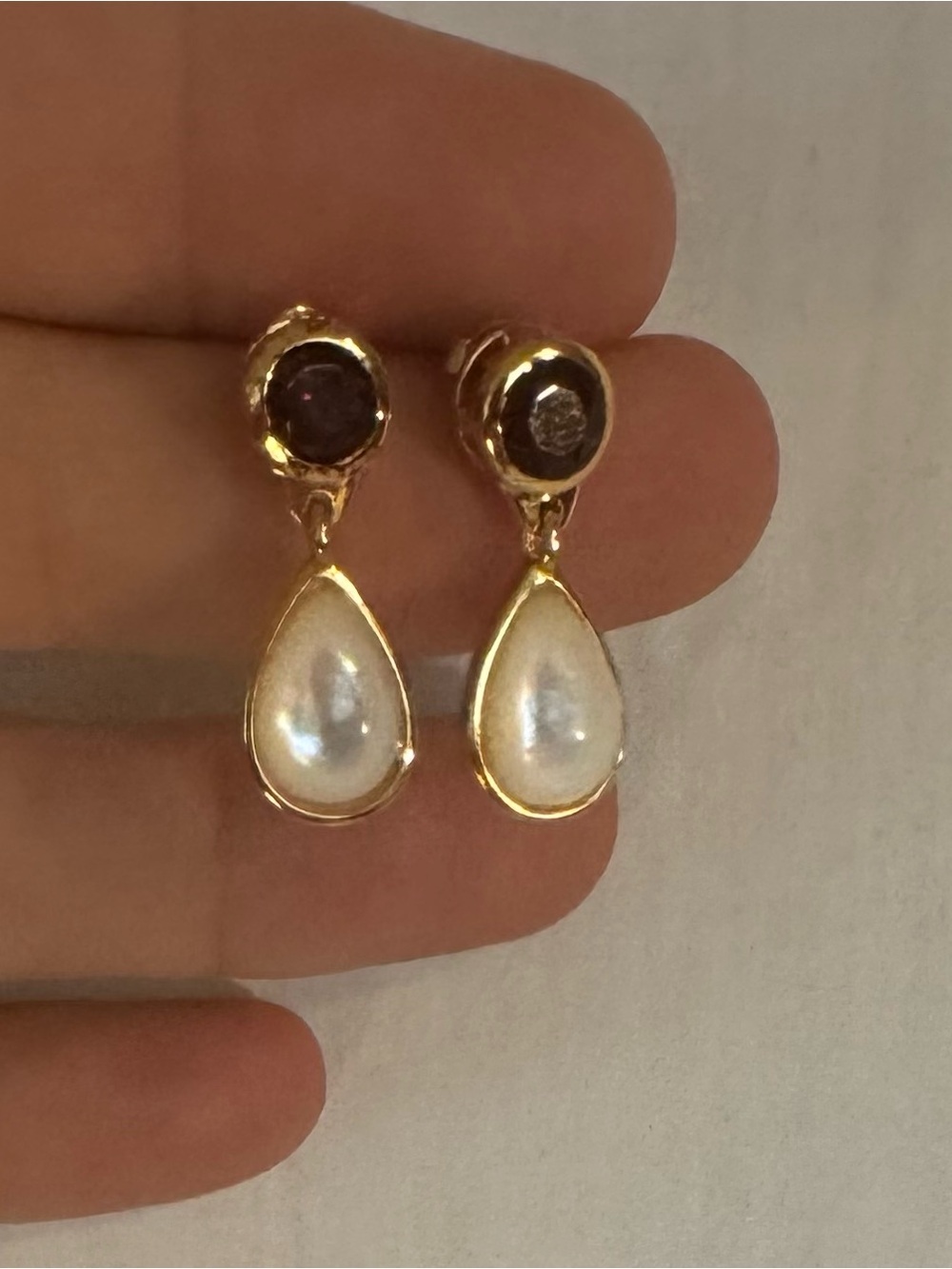 Ross-Simons Golden Drop Earrings with White Pearlescent Teardrops and Red Stones - Picture 2 of 5